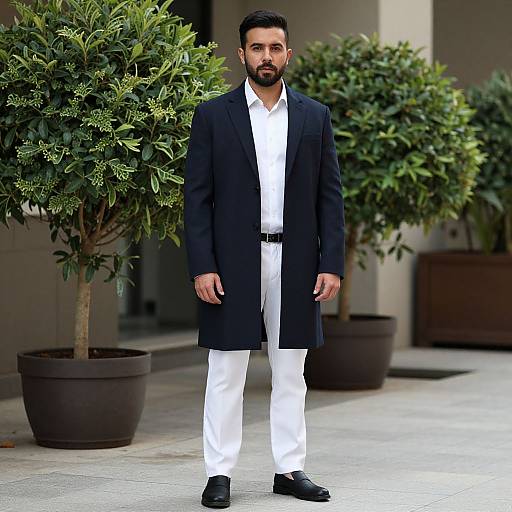 Photograph of a bearded man with dark hair, wearing a black coat, white shirt, white pants, and black shoes, standing in front of