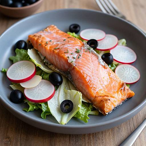 Photograph of a grilled salmon fillet on a gray plate, garnished with radish slices, black olives, lettuce, and herbs.