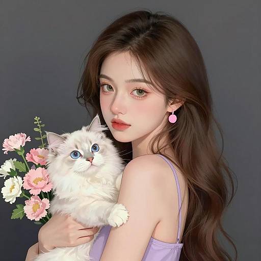 Charming Woman with Fluffy Kitten Illustration