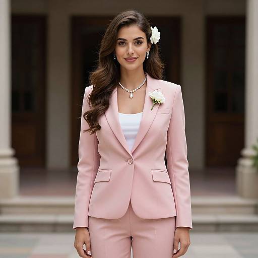 Photograph of a beautiful Indian woman with long dark hair, wearing a pink suit, white top, pearl necklace, and flower in hair, standing confidently