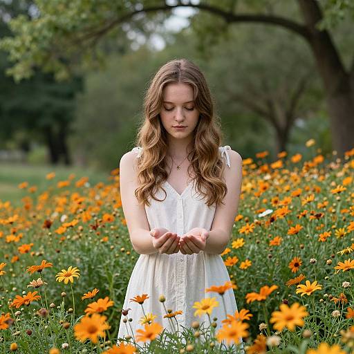 Young woman with long brown hair in a white dress, standing in a field of orange flowers, gently clasping her hands, surrounded by trees in a