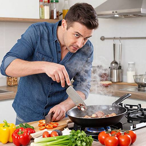Photograph of a focused, dark-haired man in a blue shirt, chopping tomatoes over a steaming skillet in a modern kitchen.