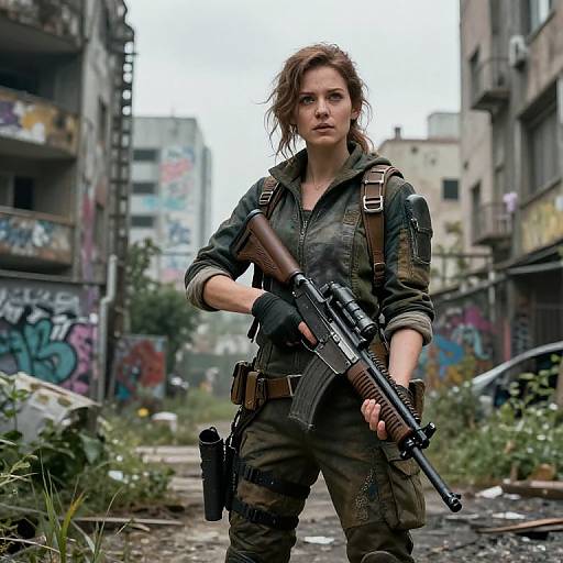 Photorealistic CGI of a determined, brown-haired woman in military attire holding a rifle in a graffiti-covered, abandoned urban ruin.