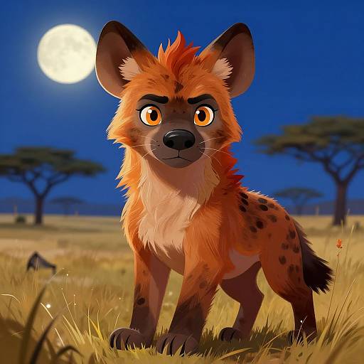 Digital illustration of a cute, cartoon-style, orange-spotted hyena cub with large, expressive eyes, standing in a moonlit savanna under a