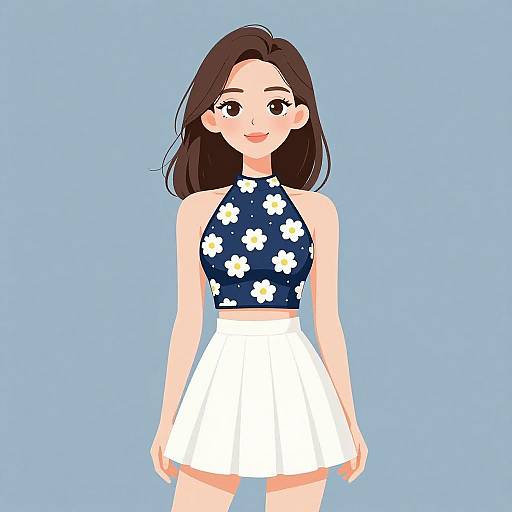 Digital illustration of a smiling Asian woman with long brown hair, wearing a navy halter top with white daisies and a white pleated skirt,