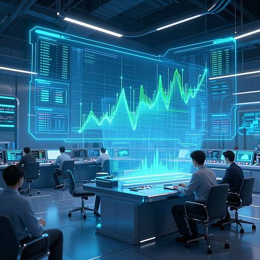 Photograph of a futuristic trading room with five men in white shirts, focused on glowing blue and green financial graphs on illuminated screens.