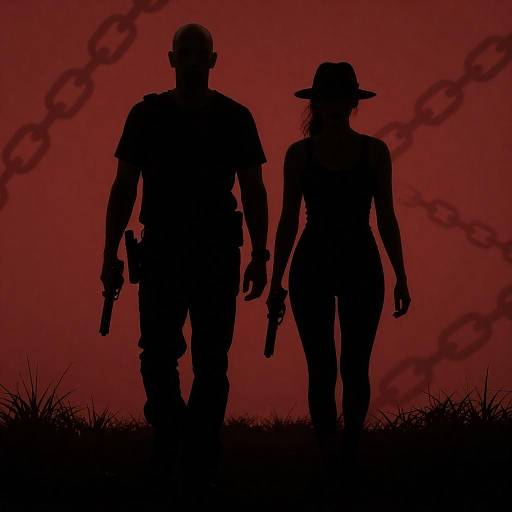 Silhouetted Figures with Handguns on Red