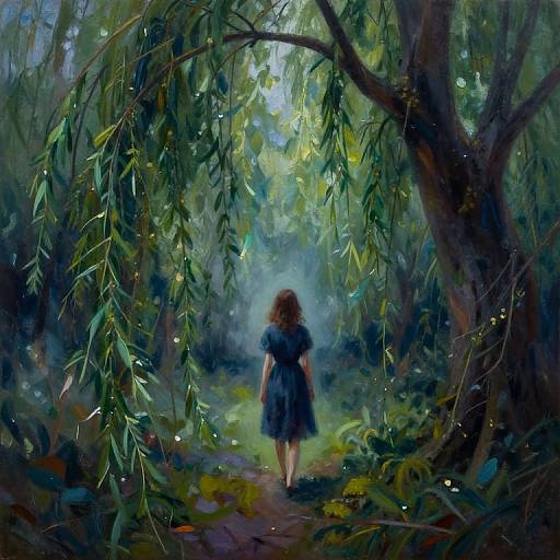 Digital painting of a girl in a blue dress walking through a lush, enchanted forest with hanging green leaves and twinkling lights.
