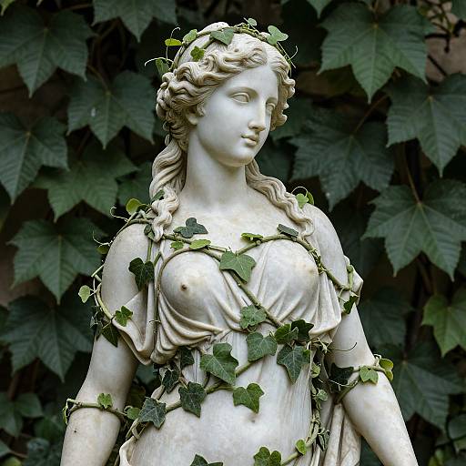 Photograph of a classical white stone statue of a young woman with wavy hair, draped in a cloth, adorned with ivy leaves, against a