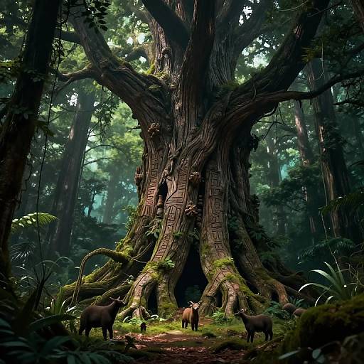Photorealistic digital painting of a massive, ancient tree with intricate carvings, surrounded by dense forest and three deer standing on moss-covered ground.