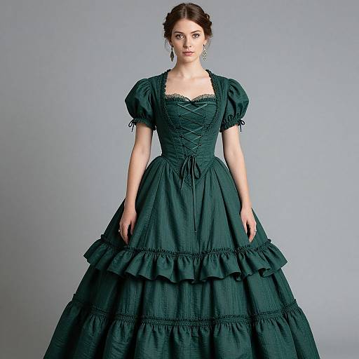 Photograph of a fair-skinned woman with dark brown hair in an elaborate, dark green Victorian-style dress with ruffled layers, standing against a plain