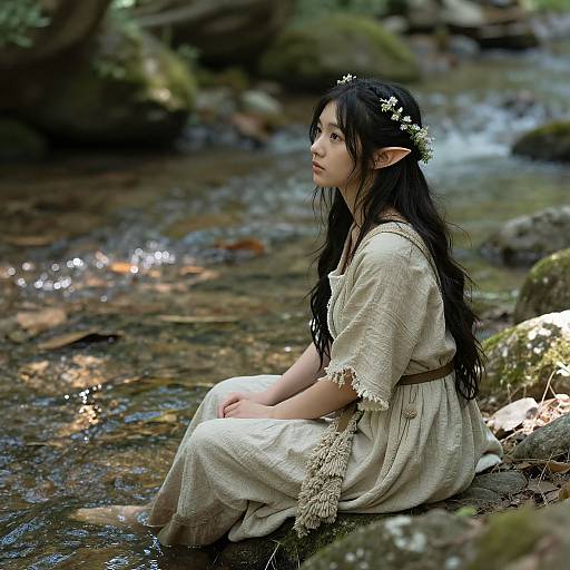 Photograph of a young, elf-like woman with long black hair, flower crown, and beige dress, sitting by a forest stream.