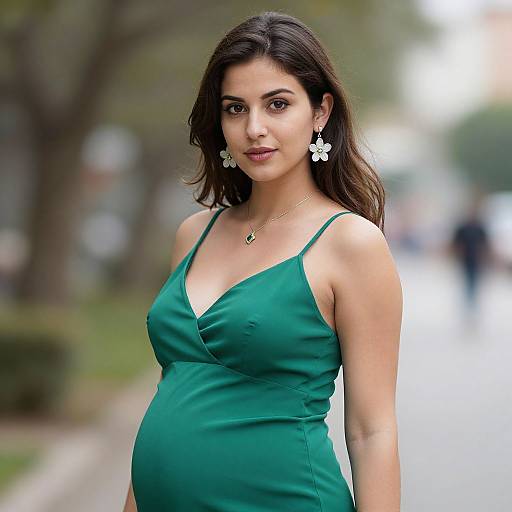Pregnant Woman in Emerald Silk Dress