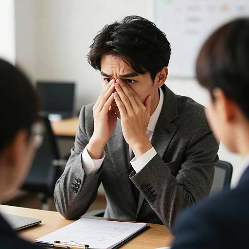 Photograph of a distressed young Asian man in a gray suit covering his face with his hands, sitting at a table in a bright office setting with blurred