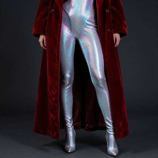 Photograph of a person in a silver, metallic, snake-skin bodysuit with red velvet coat, standing against a dark background.