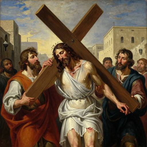 Oil painting of Jesus carrying a large wooden cross, supported by two bearded men in ancient robes, set against a sunlit cityscape.