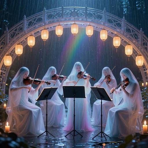 Photograph of five ghostly, white-robed women playing violins on a rain-soaked stage under glowing lanterns, with music stands and candles