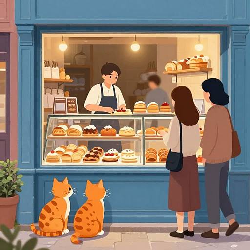 Cozy Bakery Scene with Curious Cats
