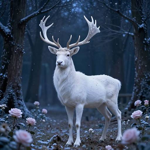 Photograph of a majestic white stag with large, glittering antlers standing in a magical, dark forest filled with pink roses and twinkling snowfl