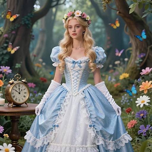 Woman in Blue Ballgown in Enchanted Forest