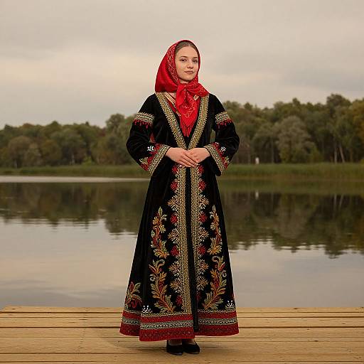 Photograph of a young woman in a black, embroidered dress and red hijab, standing on a wooden dock by a tranquil lake with trees in the