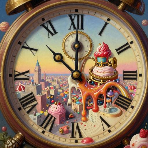 Digital artwork: Whimsical clock face with melting cupcake clock hands, colorful cityscape, and pastel buildings at sunset, surrounded by cupcakes.