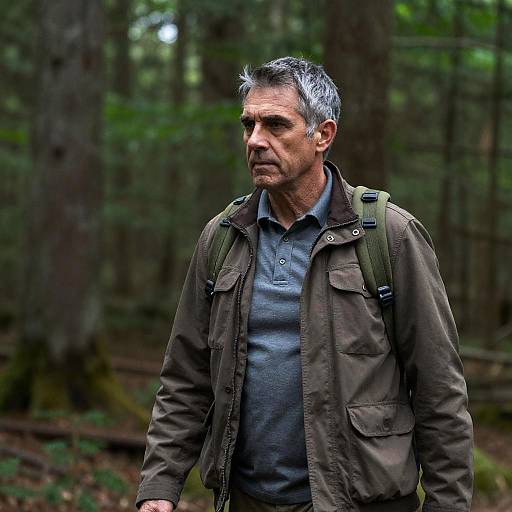 Focused Hiker in Dense Forest Setting