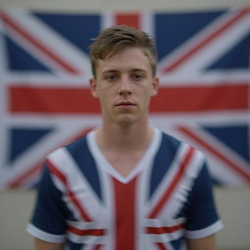 Photograph of a young white man with short brown hair, wearing a Union Jack-themed soccer jersey, standing in front of a blurred Union Jack flag.