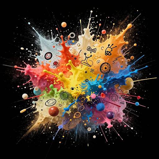 Vibrant abstract splatter art in rainbow colors with black background, featuring circular patterns, dots, and lines, creating a dynamic, energetic visual.