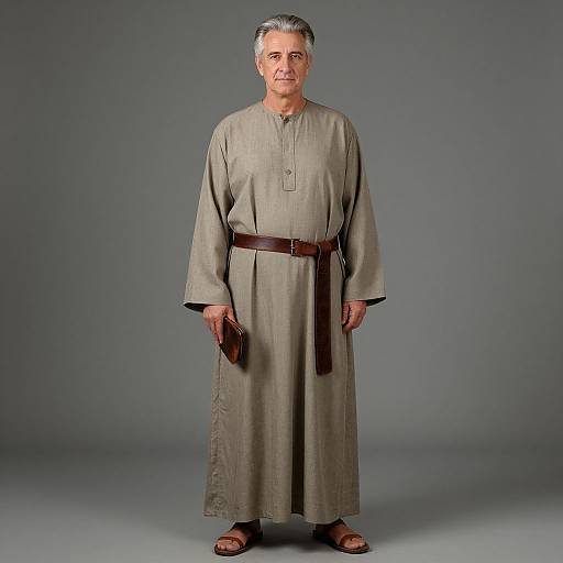 Photograph of an older man with gray hair, wearing a long gray robe, brown belt, and sandals, standing against a gray background.