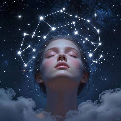 Photograph-like digital art of a serene woman with closed eyes, surrounded by a star constellation and clouds, set against a cosmic night sky.