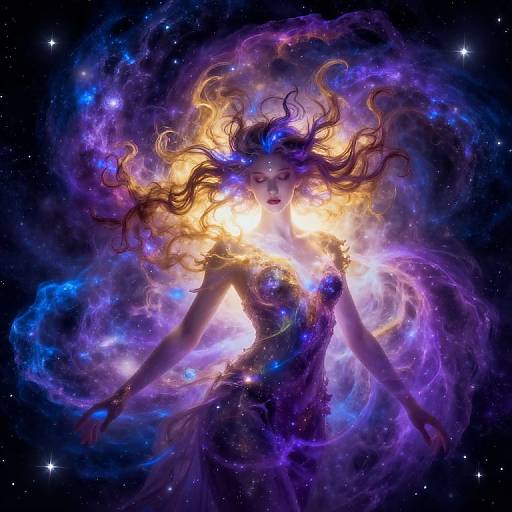 Digital art of a ethereal woman with flowing hair, surrounded by colorful cosmic smoke, glowing with a bright, celestial aura.