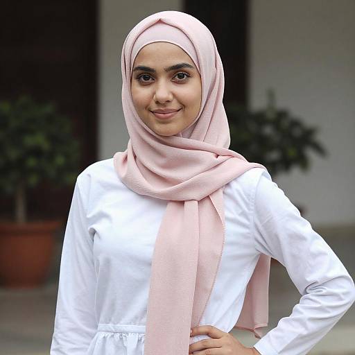 Photograph of a young woman with light brown skin, wearing a pink hijab and white long-sleeve shirt, smiling confidently with her hand on