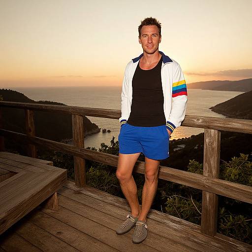Photograph of a fit man with short brown hair, wearing a white jacket with rainbow stripe, black tank top, blue shorts, and grey sandals,