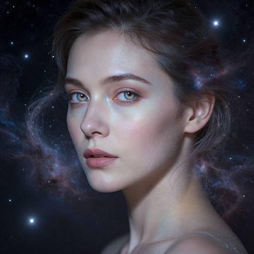 Digital portrait of a fair-skinned, blue-eyed woman with ethereal glow, dark hair, and cosmic background with stars and nebulae.