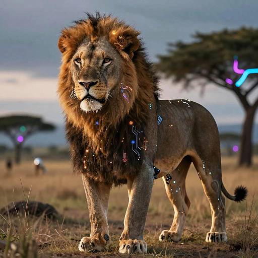 Cyberpunk AI Lion in Digital Savannah