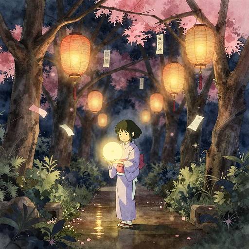 Girl in Yukata Holding Glowing Orb in Lantern-Lit Garden