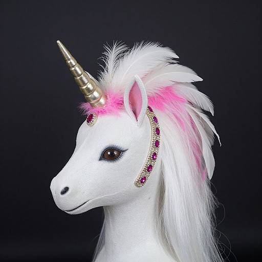 Photograph of a white unicorn with a golden horn, pink and white mane, red gemstone headpiece, against a black background.