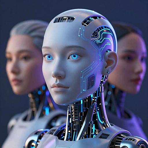 Photorealistic CGI of three female robot heads with glowing blue eyes and intricate circuitry, set against a dark blue background.
