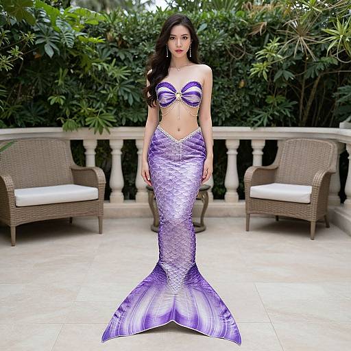 Photograph of a beautiful, long-haired woman with a purple mermaid tail, strapless top, standing outdoors on a tiled patio with wicker chairs
