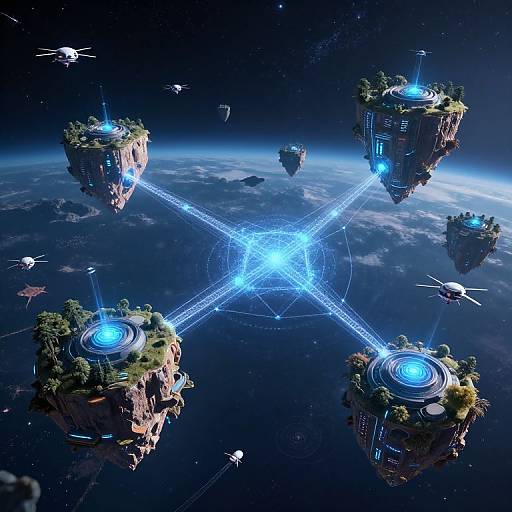 CGI image of futuristic floating islands connected by glowing blue energy lines in space, with small spacecraft and a planet below.