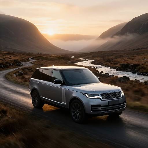 Photograph of a sleek white Land Rover SUV driving on a winding road through a misty, sunlit mountain landscape at sunset.