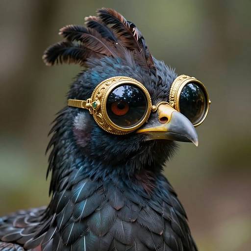 Close-up photograph of a black bird with iridescent feathers, wearing gold-rimmed aviator goggles with reflective lenses, and a small yellow be
