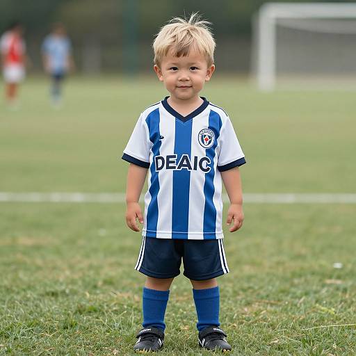 Photograph of a smiling, blonde-haired toddler in a blue and white striped soccer jersey, navy shorts, and blue socks, standing on a grassy