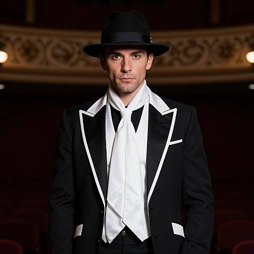 Photograph of a handsome man in a black tuxedo with white lapels, white shirt, black bow tie, and black bowler hat,