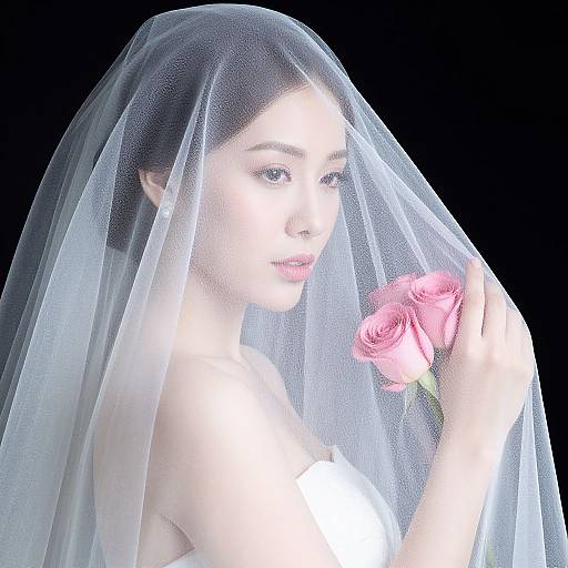 Photorealistic digital art of a fair-skinned woman with dark hair, wearing a sheer white veil, holding pink roses, against a black background.