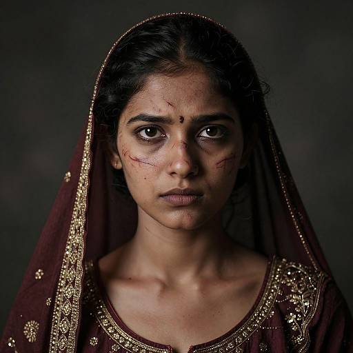 Photograph of a young South Asian woman with dark brown eyes, wearing a maroon embroidered headscarf and traditional attire, with visible facial scars,