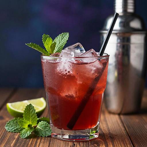 Photograph of a red cocktail with ice, black straw, mint leaves, and lemon wedge on a wooden table, with a silver shaker in the