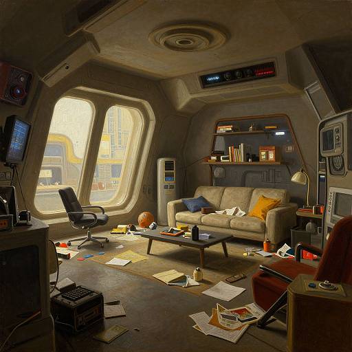 Photograph of a cluttered, futuristic living room with a beige sofa, scattered papers, and an oval window, illuminated by sunlight.