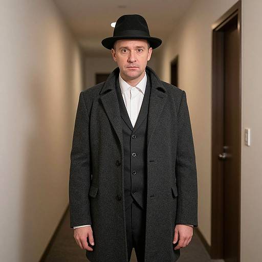 Photograph of a man in a black hat, dark overcoat, and black three-piece suit standing in a beige hallway.
